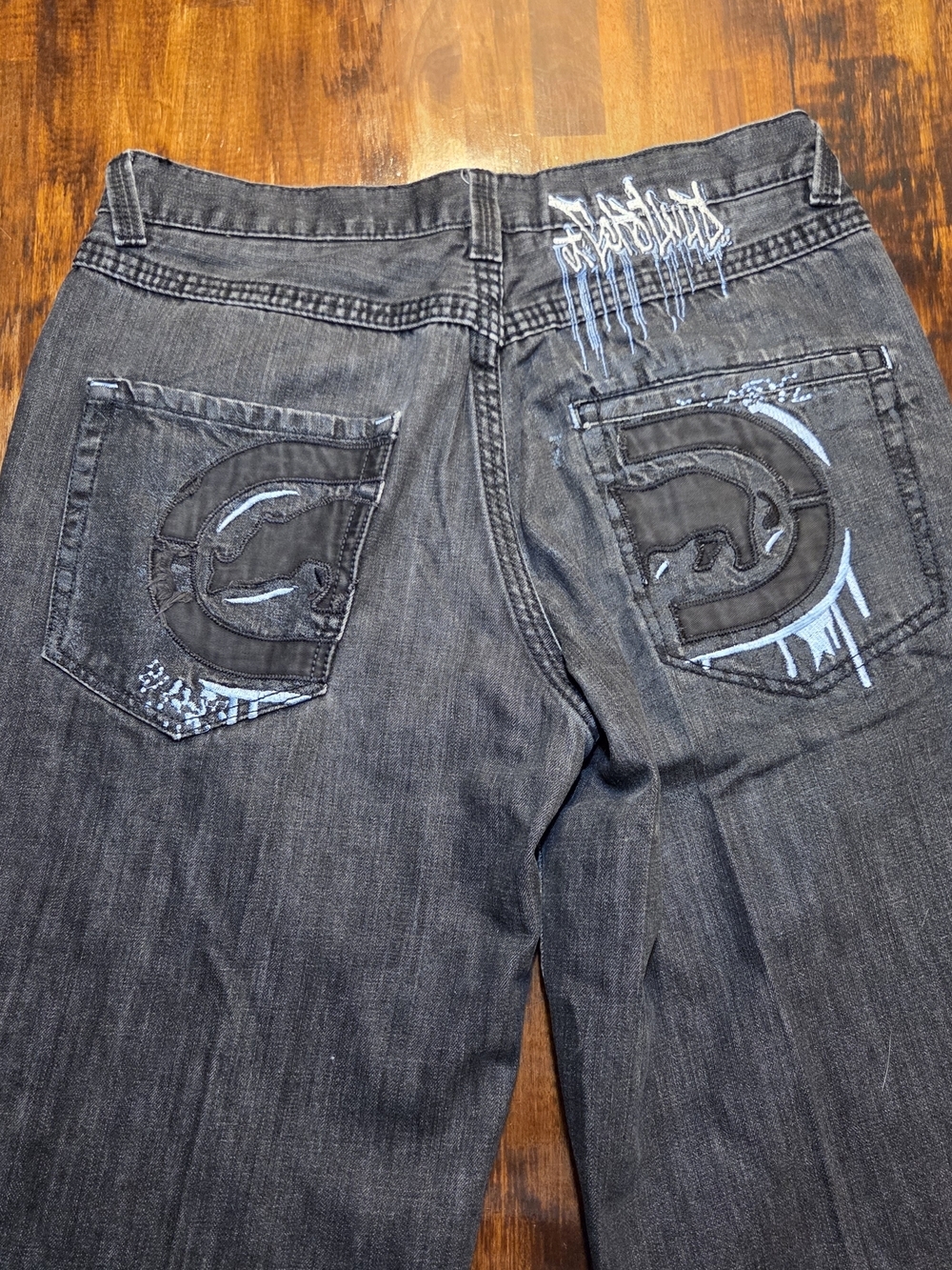 Vintage Y2K Echo Unlimited Embroidered Baggy Wide Leg Dark Washed Jeans SZ 36